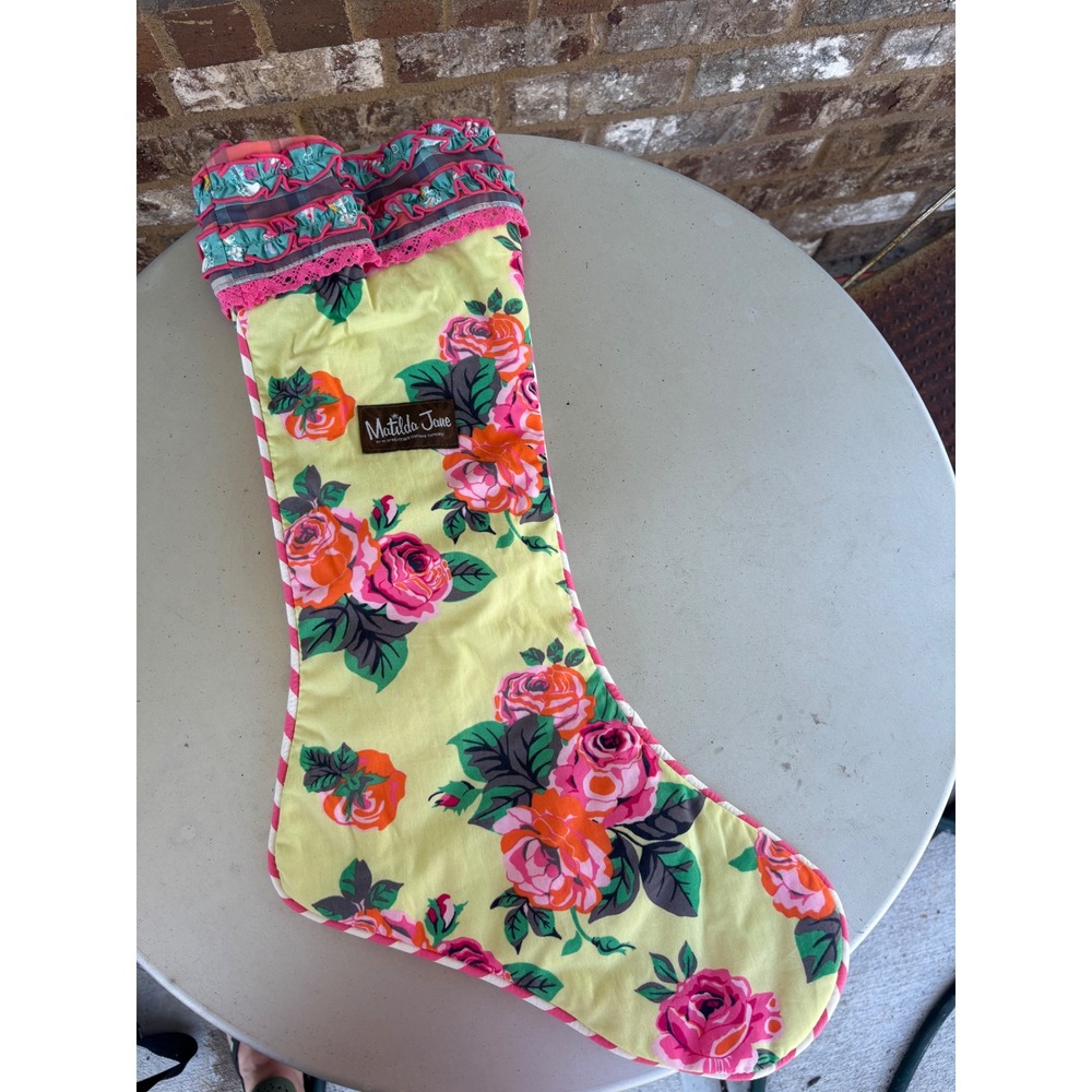 Matilda Jane Floral Ruffled Christmas Stocking Yellow Pink Rose Plaid Trim